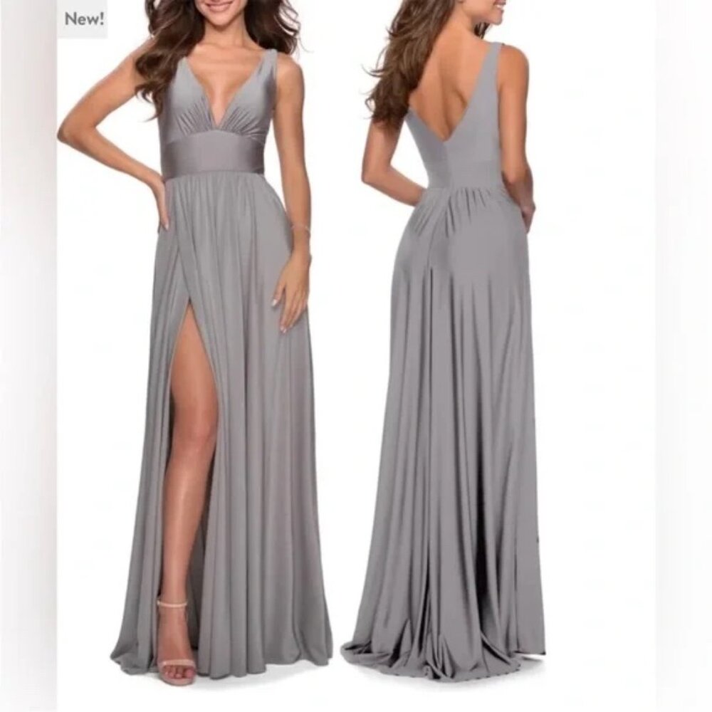 La Femme Plunge Neck A-Line Gown,  High Leg Side Spilt, Size 0 in Silver